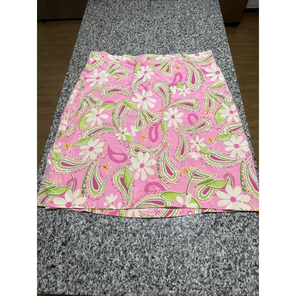 Lilly Pulitzer 95% Silk Spandex Skirt Multi Color Pink Green Floral SZ 10 Slits